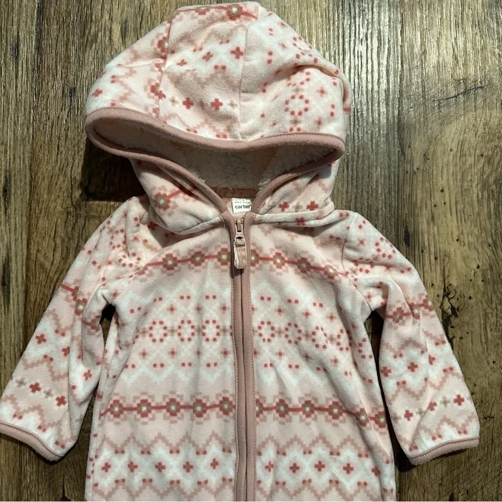Carter’s Baby Girl Fleece Bunting 6M Pink Hooded Pram Snowsuit‎ One Piece